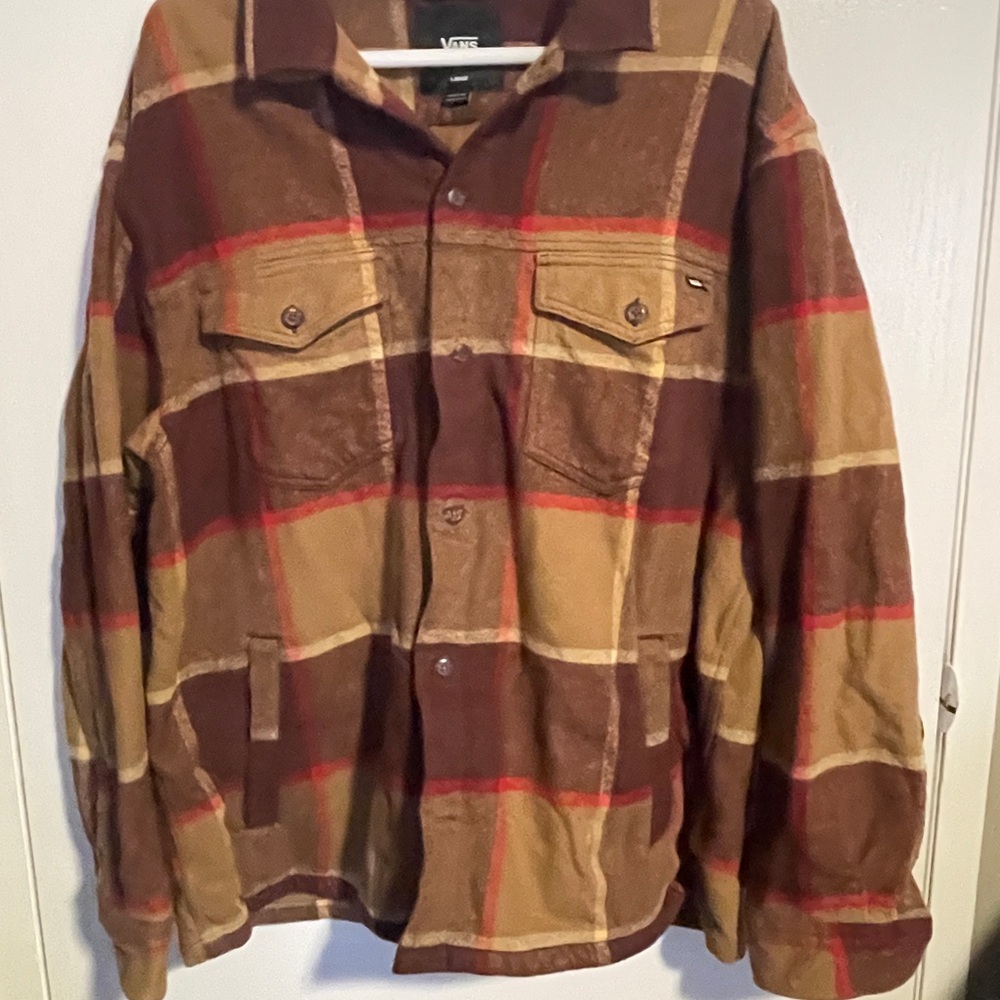 Vans Mens Large Flannel Shirt Jacket Loose Fit Brown Plaid Button Front skater